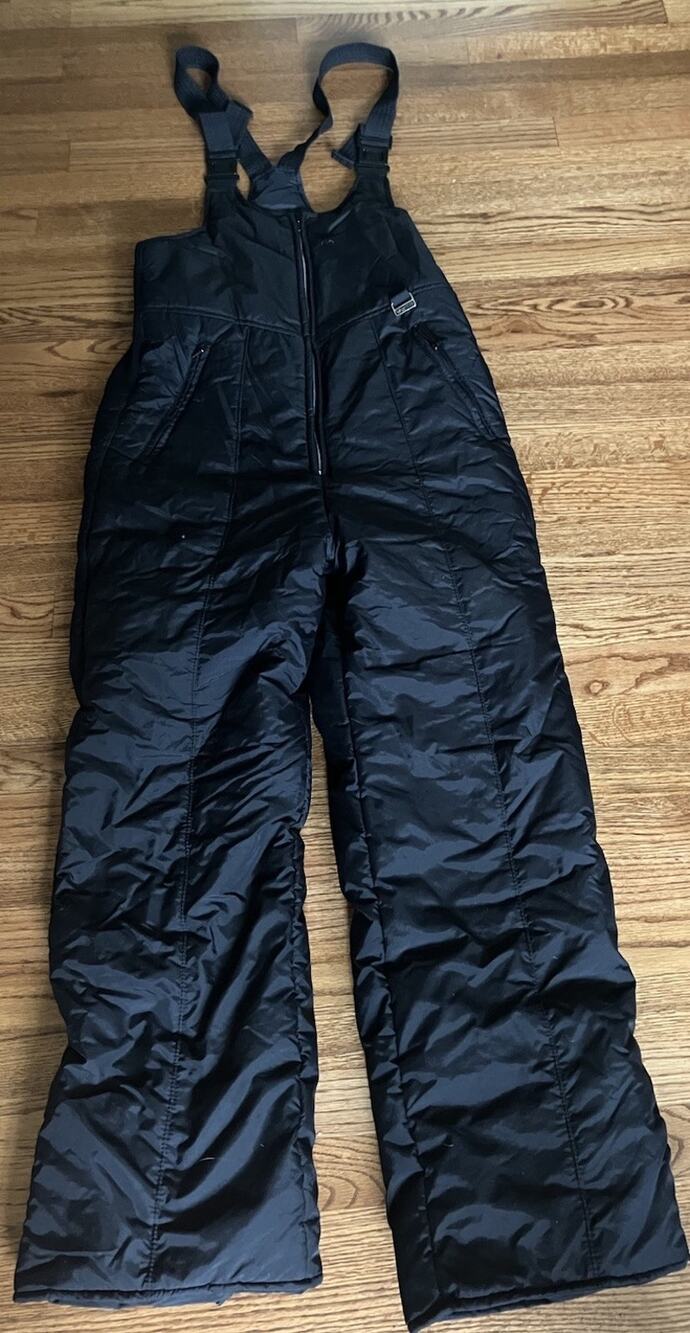 Vintage Retro Ski Bib Black Snow Pants Overalls White Fir Men's Medium